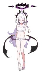 Rule 34 | 1girl, alternate costume, arm behind back, bikini, blue archive, closed mouth, demon horns, demon wings, forehead, frilled bikini, frills, full body, grey hair, halo, high ponytail, highres, hina (blue archive), horns, ideolo, legs, light blush, light smile, long hair, looking at viewer, parted bangs, ponytail, purple eyes, sandals, simple background, sketch, slit pupils, solo, standing, straight-on, swimsuit, thigh gap, very long hair, white background, white bikini, white sandals, wings
