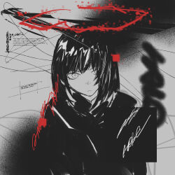 1girl absurdres black_box black_hair black_hoodie black_theme closed_mouth commentary english_text hair_over_eyes halo highres hood hoodie looking_at_viewer medium_hair original red_halo red_trim shake_(shyakep) signature solo symbol-only_commentary upper_body white_background white_eyes