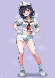 1girl :d anchor_print black_hair blush breasts collarbone commentary_request commission full_body green_eyes green_sailor_collar grey_background hands_on_own_hips hat highres looking_at_viewer medium_breasts midriff murasa_minamitsu navel neckerchief open_mouth pixiv_commission red_neckerchief sailor_collar scavia10 shirt shoes short_hair short_sleeves shorts smile sneakers socks solo standing sweat touhou white_hat white_shirt white_shoes white_shorts white_socks