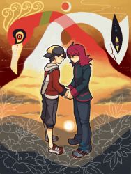 00s 2boys ahoge backwards_hat baseball_cap black_hair black_jacket capri_pants creatures_(company) ethan_(pokemon) eye_contact face-to-face flower full_body game_freak gen_2_pokemon hat ho-oh holding_hands jacket legendary_pokemon long_sleeves looking_at_another lugia male_focus moiko multiple_boys nintendo pants pokemon pokemon_(creature) pokemon_hgss red_hair shorts silver_(pokemon) standing sun sunlight water waves
