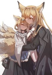 2girls animal_ears arknights blonde_hair carrying carrying_person closed_eyes de-lease fox_ears fox_girl fox_tail highres kitsune long_hair mother_and_daughter multiple_girls orange_eyes simple_background smile suzuran_(arknights) tail vulpisfoglia_(arknights) white_background