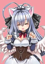 Rule 34 | 1girl, ajitarou (setsu), animal ear hairband, animal ears, antenna hair, black ribbon, breasts, cat ear hairband, cat ears, corset, dress, emil chronicle online, fake animal ears, frilled dress, frilled hairband, frills, hair ribbon, hairband, large breasts, maid, mitama kyrie, neck ribbon, pink background, red ribbon, ribbon, smile, white hair, white hairband, white wings, wings