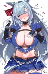 1girl absurdres animal_ears blue_skirt blush breasts cleavage commentary_request commission gauntlets heart highres horse_ears horse_girl horse_tail large_breasts looking_at_viewer mejiro_ardan_(umamusume) midriff navel simple_background skirt solo tail takatu_nanto umamusume white_background