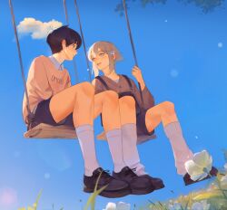 2boys absurdres arm_up artist_name basil_(faraway)_(omori) basil_(omori) black_eyes black_footwear black_hair black_shorts blonde_hair blue_eyes blue_flower cardigan character_name closed_mouth cloud collared_shirt commentary eye_contact flower grass grey_cardigan hair_flower hair_intakes hair_ornament highres layered_clothes light_particles looking_at_another male_focus multiple_boys nomurai omori on_swing outdoors overalls plant shirt shoelaces shorts sitting sky smile socks sunny_(omori) sweater swing tree white_flower white_shirt white_socks wing_collar