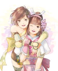 arms_around_neck brown_eyes brown_hair floral_print hair_ribbon hug hug_from_behind japanese_clothes kimono miniskirt nene obi oichi oichi_(sengoku_musou) one_eye_closed open_mouth ribbon sash sengoku_musou skirt smile thighhighs wink
