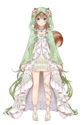1girl animal_ears artist_request ayunda_risu ayunda_risu_(goddess) bare_legs barefoot barefoot_sandals_(jewelry) bow breasts brown_hair cape choppy_bangs cleavage colored_tips dress ear_covers ear_flower ear_ornament earrings extra_ears facial_mark flower flower_anklet flower_facial_mark flower_ornament frilled_dress frills full_body gold_earrings gradient_clothes gradient_dress green_cape green_dress green_eyes green_hair green_nails hair_between_eyes hair_flower hair_ornament highres hololive hololive_indonesia hood hood_up hooded_cape jewelry leg_ribbon legs long_hair long_skirt long_sleeves looking_at_viewer medium_breasts miniskirt multicolored_hair nail_ornament nail_polish official_alternate_costume official_alternate_hair_color official_alternate_hair_length official_alternate_hairstyle official_art overskirt patterned_clothing plant pleated_skirt red_flower ribbon second-party_source see-through_cape skirt smile solo squirrel_ears squirrel_girl squirrel_tail standing swept_bangs tail toe_ring toenail_polish toenails toes transparent_background two-tone_dress two-tone_hair very_long_hair vines virtual_youtuber white_bow white_dress white_overskirt