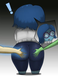 ! 3girls ass ass_grab blue_eyes blue_hair blue_skin colored_skin deep_skin disgust_(inside_out) disney from_behind glass green_skin highres huge_ass inside_out joy_(inside_out) multiple_girls oddmachine open_mouth pixar sadness_(inside_out) shiny_clothes short_hair yuri