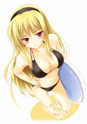 Rule 34 | 00s, 1girl, artist name, barefoot, bikini, black bikini, blonde hair, blush, breasts, female focus, foreshortening, from above, hairband, hand on own hip, headband, highres, hime (kaibutsu oujo), innertube, kaibutsu oujo, large breasts, long hair, multi-strapped bikini bottom, multi-strapped bikini top, oppai kenmin, perspective, red eyes, slit pupils, solo, swim ring, swimsuit