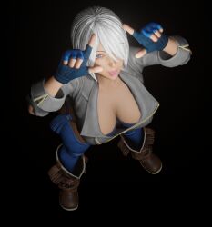 1girl angel_(kof) azzat_pro bent_over blue_eyes boots breasts cleavage female_focus gloves jacket large_breasts leather looking_at_viewer pale_skin panties short_hair smile standing the_king_of_fighters thighs tongue tongue_out underwear