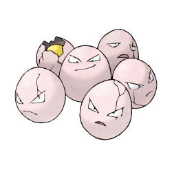 Rule 34 | closed mouth, crack, d:, egg, egg yolk, exeggcute, full body, gen 1 pokemon, nintendo, no humans, official art, open mouth, pokemon, pokemon (creature), pokemon focus, pokemon frlg, simple background, smile, sugimori ken, third-party source, v-shaped eyes, white background