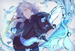 1boy black_shirt blue_scarf earrings excalibur_(fate/stay_night) fate/grand_order fate_(series) fingernails grey_background grey_hair hair_behind_ear head_tilt holding holding_sword holding_weapon hydrokinesis jewelry long_hair looking_at_viewer male_focus merlin_(camelot_&amp;_co)_(fate) merlin_(fate) official_alternate_costume open_collar outstretched_arm outstretched_hand petals pointy_ears purple_eyes scarf see-through_clothes shirt simple_background three-quarter_sleeves smile solo sota_cat stud_earrings swept_bangs sword upper_body water weapon