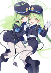 2girls absurdres armband blue_archive blue_armband blue_boots blue_hat blue_jacket blue_shorts blue_skirt blue_tail boots buttons commentary_request cropped_jacket demon_tail double-breasted gloves green_hair green_halo halo hat highres hikari_(blue_archive) hufy jacket long_hair long_sidelocks long_sleeves looking_at_viewer lying multiple_girls nozomi_(blue_archive) on_side open_mouth pantyhose pantyhose_under_shorts pleated_skirt pointy_ears shako_cap shirt shirt_tucked_in shorts siblings sidelocks sisters skirt smile tail twins twintails very_long_hair white_gloves white_pantyhose white_shirt yellow_eyes