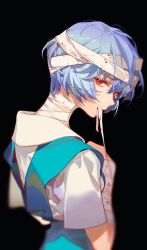 Rule 34 | 1girl, absurdres, ayanami rei, bandaged arm, bandaged head, bandaged neck, bandages, blood, blue dress, blue hair, cherrymaru, commentary, dress, english commentary, from behind, hair between eyes, highres, looking at viewer, neon genesis evangelion, red eyes, shirt, short hair, short sleeves, solo, white shirt