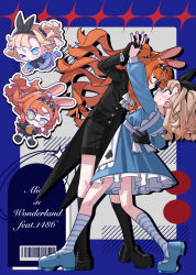 Rule 34 | 2girls, absurdres, alice&#039;s adventures in wonderland, alice (alice in wonderland), alice (alice in wonderland) (cosplay), alternate costume, animal ears, apron, ascot, black coat, black gloves, black hairband, black shoes, black shorts, black socks, blue border, blue dress, blue eyes, blue shoes, blush, border, bow hairband, checkered hairband, chibi, chibi inset, coat, cosplay, dancing, dress, fake animal ears, from side, full body, gloves, green eyes, grey background, grey hair, hairband, hand on another&#039;s waist, hands up, highres, holding hands, long sleeves, mary janes, matilda bouanich, medium hair, multiple girls, orange hair, outside border, rabbit ears, reverse:1999, sanjuqing&#039;an, shoes, short dress, shorts, socks, sonetto (reverse:1999), striped clothes, striped socks, sweat, tailcoat, two side up, waltz (dance), white apron, white ascot, white rabbit (alice in wonderland), white rabbit (alice in wonderland) (cosplay), white socks