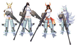 4girls ahoge animal_ear_fluff animal_ears blonde_hair breasts brown_hair colored_inner_hair dark-skinned_female dark_skin dual_wielding epaulettes feathers fox_ears fox_tail full_body grey_eyes gun head_wings highres holding holding_gun holding_weapon horns jacket kitsune long_hair looking_at_viewer medium_breasts military_jacket multicolored_hair multiple_girls multiple_tails mytea_(soso) no_pants orange_eyes orange_hair original ponytail red_eyes shirt strike_witches striker_unit tail two-tone_hair very_long_hair weapon white_background white_shirt wings world_witches_series yellow_eyes