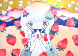 Rule 34 | 1girl, abstract background, blue eyes, blush, braid, colored skin, completely nude, food, food-themed hair ornament, front braid, fruit, hair ornament, highres, multicolored eyes, no nipples, nude, original, red eyes, si-ku, solo, strawberry, strawberry hair ornament, traditional media, twin braids, two-tone eyes, upper body, white hair, white skin, yellow background