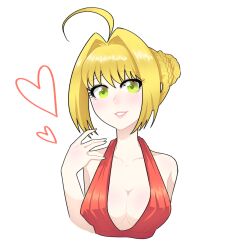 1girl ahoge blonde_hair braid braided_bun breasts cleavage collarbone cropped_torso fate/extra fate_(series) gallaxi green_eyes hair_bun hair_intakes hand_up heart huge_ahoge large_breasts medium_hair nero_claudius_(fate) nero_claudius_(fate/extra) nero_claudius_(red_lightning)_(fate) outline pink_lips red_slingshot_swimsuit slingshot_swimsuit solo swimsuit transparent_background upper_body white_outline