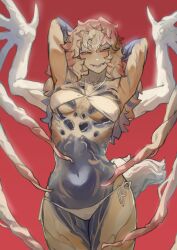 Rule 34 | 1girl, absurdres, arms behind head, bikini, black skin, blonde hair, breasts, colored skin, cropped legs, highres, miao jiangyou, midriff, monster girl, monster hunter: world, monster hunter (series), multicolored skin, narrowed eyes, navel, parted lips, red background, red pupils, shara ishvalda, small breasts, smile, standing, swimsuit, tail, teeth, wings, yellow eyes