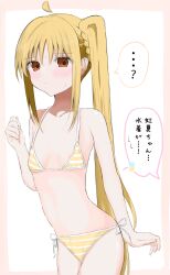 1girl absurdres ahoge bikini blush bocchi_the_rock! border breasts closed_mouth collarbone commentary cowboy_shot detached_ahoge highres ijichi_nijika long_hair looking_at_viewer multicolored_bikini navel nipple_slip nipples norashiro orange_eyes outside_border pink_border side-tie_bikini_bottom side_ponytail simple_background small_breasts solo speech_bubble striped_bikini striped_clothes swimsuit translated two-tone_bikini very_long_hair white_background white_bikini yellow_bikini