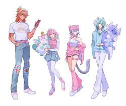 Rule 34 | 2boys, 2girls, anaxa (honkai: star rail), aqua eyes, bare shoulders, beanie, belt, blonde hair, blue jacket, breasts, cellphone, cipher (honkai: star rail), commentary, crown, denim, facial mark, grey skirt, half updo, hand up, hat, highres, holding, holding phone, honkai: star rail, honkai (series), hood, hooded jacket, hyacine (honkai: star rail), jacket, jeans, kiraandfriends, leg warmers, little ica (honkai: star rail), long sleeves, looking at viewer, medium breasts, medium hair, midriff, mini crown, miniskirt, multiple boys, multiple girls, mydei (honkai: star rail), off shoulder, pants, pantyhose, phone, pink belt, pink hair, pink hat, pink jacket, pink skirt, pleated skirt, shirt, shoes, short sleeves, simple background, skirt, smartphone, sneakers, strapless, stuffed animal, stuffed toy, tattoo, tube top, white background, white pants, white pantyhose, white shirt, white shoes