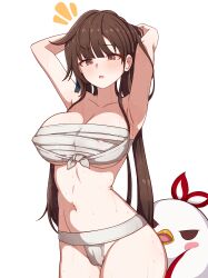 1girl ^^^ absurdres armpits arms_up bathing blush breasts brown_eyes brown_hair chest_sarashi collarbone commentary_request fundoshi highres honkai_(series) honkai_impact_3rd japanese_clothes jingwei_(bird) large_breasts li_sushang long_hair looking_at_viewer milliani navel parted_lips sarashi simple_background solo stomach thighs wet white_background