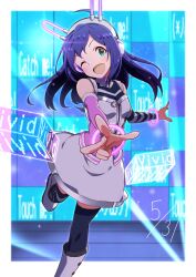 Rule 34 | 1girl, absurdres, ahoge, animal ear headphones, animal ears, asymmetrical legwear, asymmetrical sleeves, badge, bare shoulders, black thighhighs, blush, boots, bracelet, breasts, button badge, cowboy shot, detached sleeves, dress, fake animal ears, gen (renoir1124), glint, green eyes, grey dress, hair between eyes, happy birthday, headphones, highres, idolmaster, idolmaster million live!, idolmaster million live! theater days, jewelry, laser, leg up, long hair, looking at viewer, mismatched legwear, mismatched sleeves, mochizuki anna, one eye closed, open mouth, pink sleeves, pixelated, purple hair, rabbit ears, reaching, reaching towards viewer, screen, sleeveless, sleeveless dress, small breasts, smile, solo, stage, standing, standing on one leg, striped clothes, striped sleeves, striped thighhighs, thighhighs, white boots, zettai ryouiki