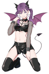 1girl absurdres amagamip black_skirt blue_eyes boots butterfly_tattoo commentary_request crossed_bangs demon_horns demon_tail demon_wings gakuen_idolmaster grin highres horns idolmaster kaya_rinha kneeling long_hair looking_at_viewer midriff miniskirt navel purple_hair side_slit simple_background skirt smile solo stomach tail tattoo thigh_boots twintails white_background wings