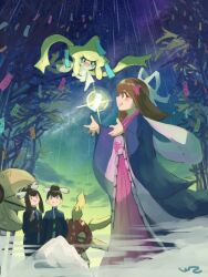 Rule 34 | 1boy, 2girls, :d, alternate costume, bamboo, bamboo forest, black hair, brother and sister, brown hair, closed mouth, colored skin, e-co, floating, forest, gen 3 pokemon, japanese clothes, jirachi, kimono, legendary pokemon, liza (pokemon), long sleeves, looking at another, looking at viewer, lunatone, may (pokemon), multiple girls, mythical pokemon, nature, nintendo, open mouth, pokemon, pokemon (creature), pokemon oras, short hair, siblings, smile, solrock, tanabata, tanzaku, tate (pokemon), twins, white skin, wide sleeves