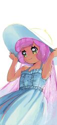 1girl absurdres bare_shoulders china_(animator) commentary_request dress flat_chest green_eyes hat highres looking_to_the_side pink_hair puniru_(puniru_wa_kawaii_slime) puniru_wa_kawaii_slime smile solo sun_hat sundress sunlight