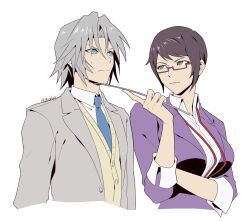 1boy 1girl aqua_eyes arm_under_breasts black_hair blue_necktie breasts cardigan collared_shirt cropped_torso final_fantasy final_fantasy_vii final_fantasy_vii_ever_crisis glasses green_eyes grey_hair grey_jacket hair_between_eyes highres holding holding_pointer igusaharu jacket looking_at_another lucia_lin medium_breasts necktie official_alternate_costume parted_bangs pointer purple_jacket school_uniform sephiroth sephiroth_(ever_crisis) sephiroth_(shinra_private_academy) shirt short_bangs short_hair suit_jacket sweatdrop twitter_username upper_body white_shirt yellow_cardigan