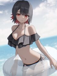 1girl absurdres alternate_costume bikini black_bikini black_hair blunt_bangs blush breasts cleavage colored_inner_hair commentary ellen_joe frilled_bikini frills highres holding holding_swim_ring innertube large_breasts looking_at_viewer multicolored_hair navel no_tail ocean parted_lips red_hair short_hair solo stomach swim_ring swimsuit thomas_8000 two-tone_hair zenless_zone_zero