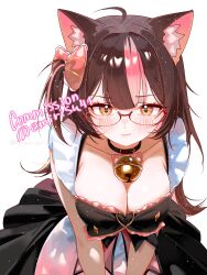 Rule 34 | 1girl, absurdres, ahoge, animal ear fluff, animal ears, bell, black choker, black dress, blush, breasts, brown eyes, brown hair, cat ears, cat girl, choker, cleavage, closed mouth, commission, dress, emirisu, frilled dress, frills, hair ribbon, highres, jingle bell, large breasts, leaning forward, light particles, long hair, looking at viewer, median furrow, neck bell, one side up, original, pink hair, pink ribbon, pink streaks, red-framed eyewear, ribbon, semi-rimless eyewear, simple background, sleeveless, sleeveless dress, solo, twitter username, upper body, v arms, white background, yunadere