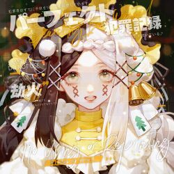 1girl bell black_hair bow braid christmas commission green_eyes hair_bell hair_ornament long_hair looking_at_viewer multicolored_hair open_mouth original ribbon sample_watermark smile solo split_color_hair two-tone_hair watermark white_hair zhaoye