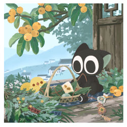 animal_focus artist_request baby_animal bidiu_(the_legend_of_luoxiaohei) bird black_cat border cat chick chinese_commentary commentary_request luo_xiaohei luo_xiaohei_(cat) luo_xiaohei_zhanji official_art outdoors tagme white_border