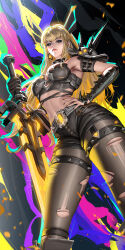 1girl armor belt black_gloves black_nails black_shorts blonde_hair blue_eyes breasts closed_mouth gloves hand_on_own_hip highres holding holding_sword holding_weapon liang_xing lips looking_at_viewer magik_(x-men) marvel marvel_rivals medium_breasts midriff navel pantyhose pantyhose_under_shorts short_shorts shorts shoulder_armor solo spiked_armor spikes sword thigh_strap torn_clothes torn_pantyhose weapon x-men