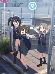 3girls amamiya_satsuki_(mono) bad_tag black_hair blue_eyes chain-link_fence double_v fence grey_hair hair_ornament high_school_girls_posing_for_google_street_view_(meme) high_side_ponytail highres kiriyama_ann loafers meme mono_(afro) multiple_girls necono_(nekonosora1207) overhead_line photo_background pleated_skirt raised_curb road_sign school_uniform shikishima_sakurako shoes side_ponytail sidewalk sign skirt smile standing standing_on_one_leg tactile_paving thick_eyebrows twintails v