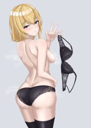 1girl absurdres ass back backboob bare_shoulders black_bra black_panties black_thighhighs blonde_hair blue_eyes blush bow bow_bra bra braid breasts from_back girls&#039;_frontline girls&#039;_frontline_2:_exilium grey_background hair_between_eyes highres holding holding_bra holding_underwear holding_unworn_clothes lace lace-trimmed_bra lace-trimmed_panties lace_trim long_hair looking_at_viewer looking_back medium_breasts midori_mushi mosin-nagant_(girls&#039;_frontline) mosin-nagant_(girls&#039;_frontline_2) panties simple_background smile solo steam sweat thighhighs topless_female underwear unworn_bra