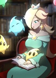 Rule 34 | 1girl, :o, absurdres, bare shoulders, blonde hair, blue dress, blue eyes, blue nails, book, bookshelf, breasts, chair, commentary, crown, dress, earrings, fingernails, hair over one eye, highres, indoors, jewelry, lips, long hair, long sleeves, luma (mario), mario (series), medium breasts, muis0802, nintendo, off shoulder, one eye covered, open book, pink lips, princess, reading, rosalina, sitting, super mario galaxy