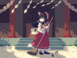 1girl ascot ay606078 bird black_hair black_shoes bow broom brown_eyes collar detached_sleeves frilled_bow frilled_collar frilled_hair_tubes frilled_skirt frills full_body hair_bow hair_tubes hakurei_reimu hakurei_shrine highres holding holding_broom japanese_clothes long_hair long_skirt long_sleeves mary_janes miko outdoors red_bow red_shirt red_skirt ribbon-trimmed_sleeves ribbon_trim shirt shoes sidelocks skirt sleeveless sleeveless_shirt socks solo standing touhou white_sleeves white_socks wide_sleeves yellow_ascot