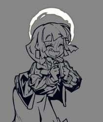 Rule 34 | absurdres, bocchi the rock!, closed eyes, darkest dungeon, dress, grey background, greyscale, highres, hiroi kikuri, jacket, juice box, leaning forward, monochrome, open clothes, open jacket, open mouth, ponytail, smile, waa153