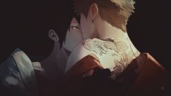 2boys back back_tattoo black_background black_hair blonde_hair earrings facial_mark fingerless_gloves gloves highres jewelry looking_at_another male_focus multiple_boys naruto_(classic) naruto_(series) red_eyes short_hair simple_background tamelee tattoo uchiha_sasuke undressing_another unworn_clothes uzumaki_naruto whisker_markings yaoi