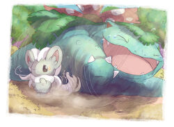 animal_focus border cinccino closed_eyes closed_mouth commentary english_commentary fangs gen_1_pokemon gen_5_pokemon highres laughing nintendo no_humans open_mouth outdoors pokemon pokemon_(creature) sparkle tail tail_wagging tears tickling venusaur venusaur-propaganda white_border