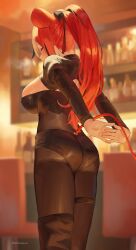 1girl absurdres animal_ears arms_behind_back ass bandeau bar_(place) black_bandeau black_bow black_hair black_shorts black_shrug blackberry_baelz blurry blush bodystocking bow breasts closed_eyes clothing_cutout collared_shrug commentary depth_of_field english_commentary feet_out_of_frame frikulu from_behind from_below hair_bow hakos_baelz high_ponytail highres hololive hololive_english large_breasts latex_shorts long_hair long_sleeves micro_shorts mouse_ears mouse_girl mouse_tail multicolored_hair official_alternate_costume paid_reward_available ponytail puffy_long_sleeves puffy_sleeves red_hair shorts shrug_(clothing) sideboob sidelocks solo standing streaked_hair stretching tail tail_through_clothes thigh_strap twitter_username virtual_youtuber white_hair