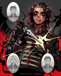 4boys abstract_background band_uniform black_eyeliner black_gloves black_hair black_jacket blood blood_from_mouth blood_on_face commentary cross curly_hair cyani07 dagger emo_fashion english_commentary english_text epaulettes explosion eyeliner face_piercing frank_iero gerard_way glaring gloves green_eyes grey_background highres holding holding_weapon horrified inset jacket knife lip_piercing long_sleeves makeup male_focus medium_hair mikey_way multicolored_hair multiple_boys my_chemical_romance ornate_weapon outline piercing ray_toro red_background red_outline red_theme short_hair solo_focus standing streaked_hair the_black_parade two-tone_hair upper_body weapon white_hair
