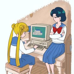 2girls :o animated animated_gif bishoujo_senshi_sailor_moon black_hair blonde_hair blue_eyes blue_sailor_collar blue_screen_of_death blue_skirt bow chair commentary computer computer_keyboard computer_mouse crossed_arms crt desk disappointed double_bun drawfag error_message female_focus hair_bun indoors long_twintails looking_at_another microsoft_windows mizuno_ami monitor multiple_girls on_chair on_desk on_table pleated_skirt red_bow sailor_collar school_uniform serafuku short_hair sitting sketch skirt socks table tsukino_usagi twintails typing windows_95 windows_classic
