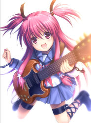 Rule 34 | 1girl, angel beats!, ankle lace-up, black footwear, blue skirt, chain, commentary request, electric guitar, gibson sg, goto p, guitar, heaven burns red, instrument, long hair, looking at viewer, pink eyes, pink hair, pleated skirt, school uniform, serafuku, shinda sekai sensen uniform, simple background, skirt, solo, thigh strap, two side up, white background, yui (angel beats!)