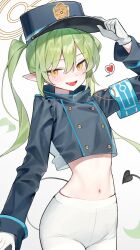 1girl absurdres armband blue_archive blue_armband blush fang gloves green_hair hat heart highres huu_(dighapdlxm12) loli looking_at_viewer navel no_pants nozomi_(blue_archive) open_mouth pantyhose pointy_ears simple_background smile solo spoken_heart standing stomach twintails white_background white_gloves white_pantyhose yellow_eyes