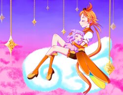 1boy 1girl blush boots brooch closed_eyes closed_mouth cloud cure_wing dress earrings elbow_gloves ellee-chan gloves high_heel_boots high_heels highres hirogaru_sky!_precure hug jewelry kokonogi_kisara magical_boy medium_hair open_mouth orange_footwear orange_gloves orange_hair orange_vest precure puffy_short_sleeves puffy_sleeves purple_dress purple_hair short_hair short_sleeves shorts sky two-tone_shirt two-tone_shorts vest wing_brooch yuunagi_tsubasa