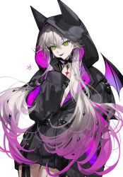 1girl :p arlizi black_choker black_hands black_jacket body_markings choker colored_extremities cowboy_shot crossed_bangs demon_girl demon_wings earrings fate/grand_order fate_(series) fingernails gradient_hair green_eyes grey_hair hair_between_eyes hair_ornament hand_on_own_face hand_up highres hood hood_up hooded_jacket jacket jewelry lilith_(fate) lilith_(first_ascension)_(fate) long_fingernails long_hair long_sleeves looking_at_viewer multicolored_hair partially_unzipped pendant_choker pink_hair simple_background slit_pupils solo standing tongue tongue_out two-sided_fabric two-sided_jacket white_background wings