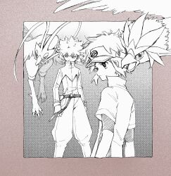 2boys belt belt_buckle bird braviary buckle collared_jacket gen_5_pokemon highres hugh_(pokemon) jacket looking_ahead looking_to_the_side male_focus multiple_boys nate_(pokemon) nintendo pants pokemon pokemon_bw2 popped_collar shirt_tucked_in short_hair short_sleeves sideways_glance spiked_hair tan_carbonnn unfezant unfezant_(male) visor_cap zipper zipper_pull_tab